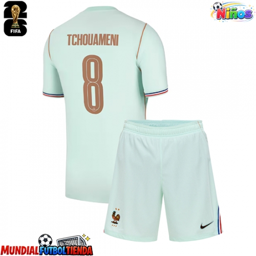 Camiseta Francia Aurelien Tchouameni #8 Segunda Equipación Replica Mundial 2026 para niños mangas cortas (+ Pantalones cortos)
